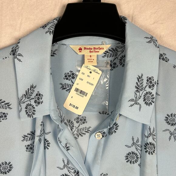 NWT Brooks Brothers Bow Blouse - Light Blue Floral Silk-Look Top - Size 6 - Picture 6 of 12